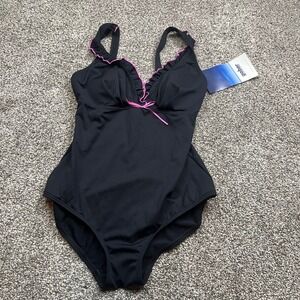 Gabar One Piece Swimsuit Womens 14 Black Pink Ruffle Trim Bow Detail Swim